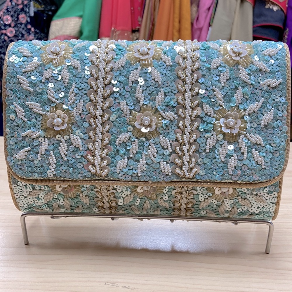 Clutch bag with chain strap-Blue with Gold color